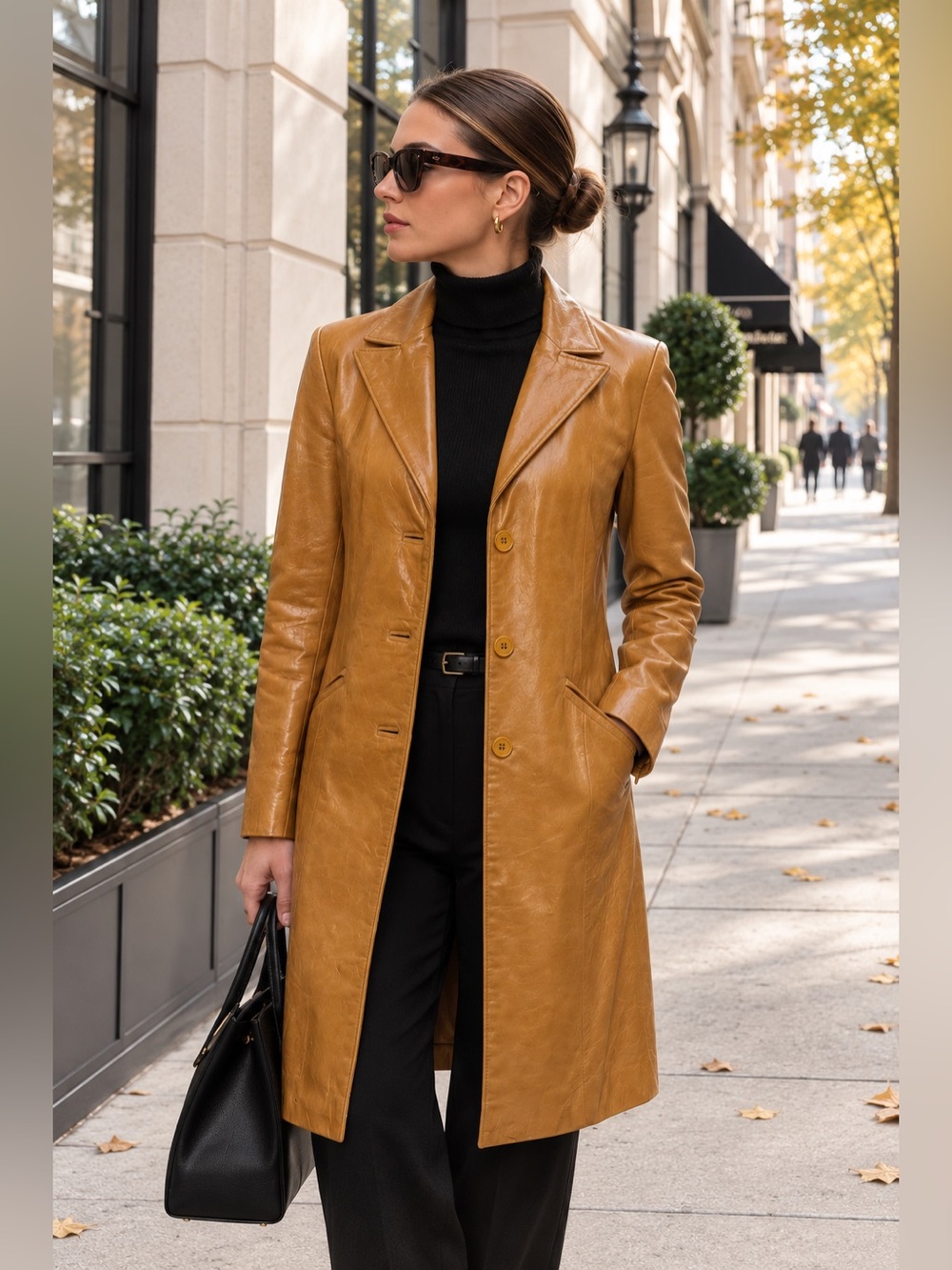 Vintage 100% Genuine Leather Caramel Tan Long Blazer Coat 90s Y2K Trench Small